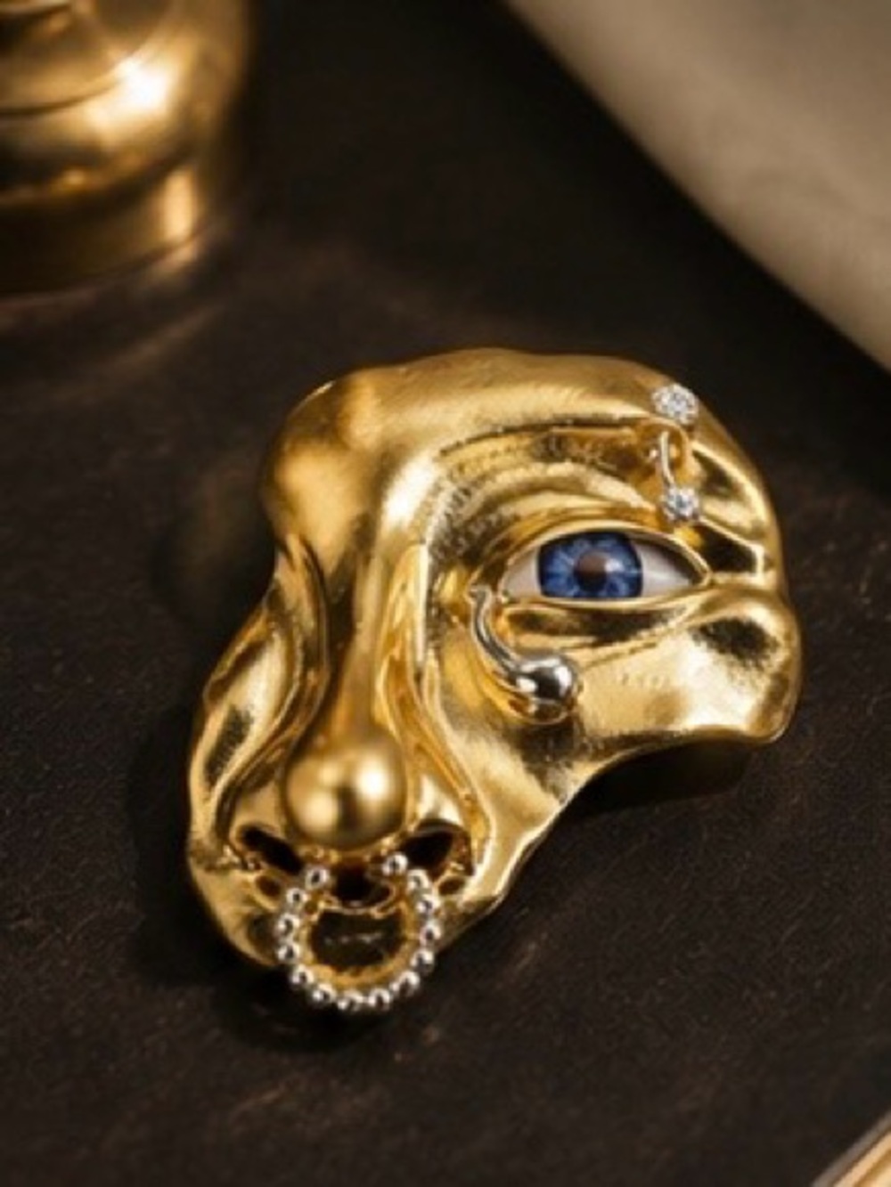 Sculptural Golden Face Brooch Surrealist Couture Jewelry